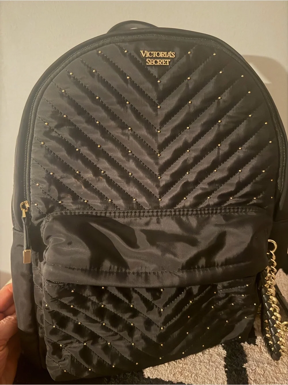 Victoria's Secret Black Quilted Backpack with Gold Accents